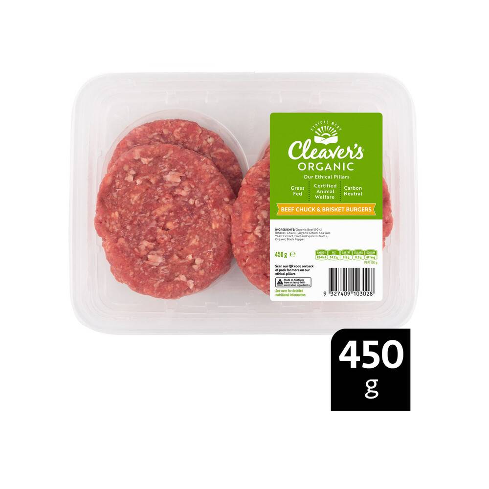Cleaver's Organic Grass Fed Beef Burger Chuck & Brisket 450 Gram