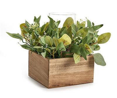 Artificial Greenery With Brown Square Wood Pot & Glass Hurricane