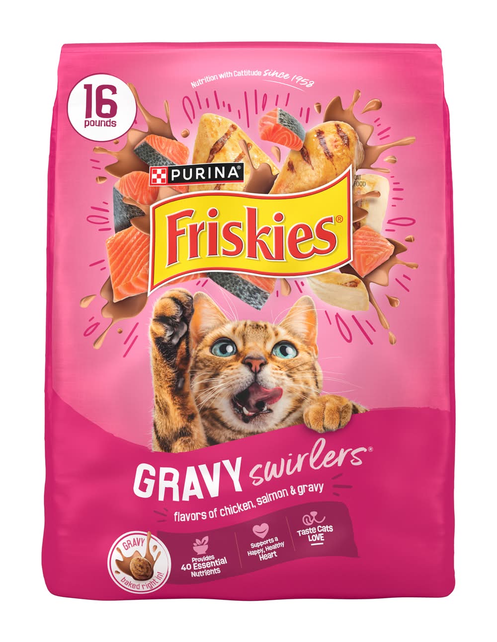 Purina Friskies Gravy Swirl’d Dry Cat Food, Chicken, Salmon & Gravy, Adult (16 lbs)