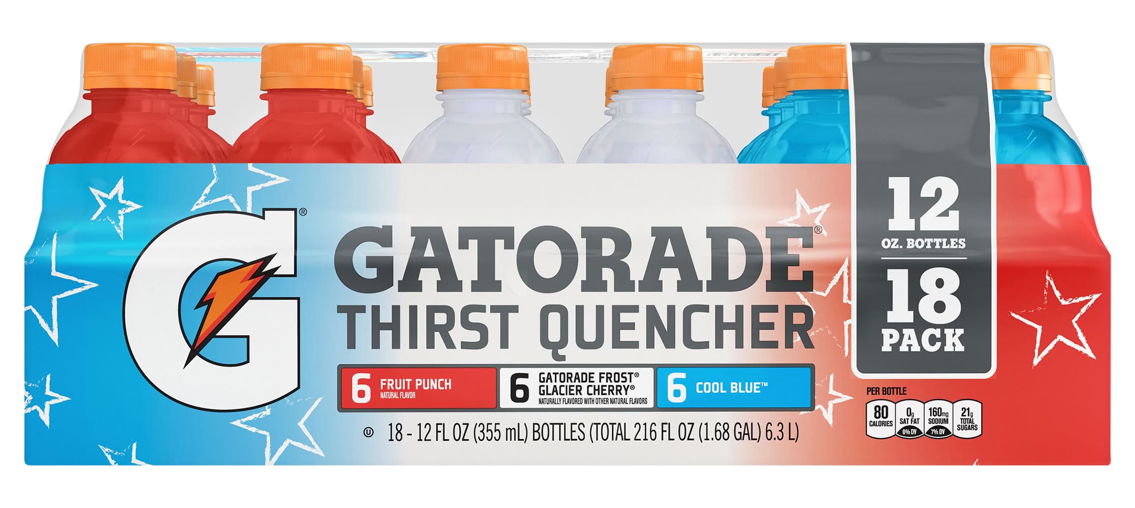 Gatorlyte Thirst Quencher Sports Drink Variety pack, Fruit Punch-Glacier Cherry-Cool Blue (18 x 12 fl oz)