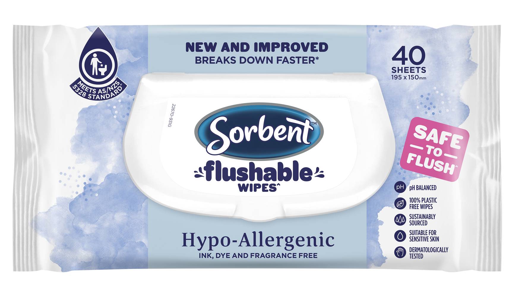 Sorbent Hypo-Allergenic Flushable Wipes, 195x150 mm (40 pack)