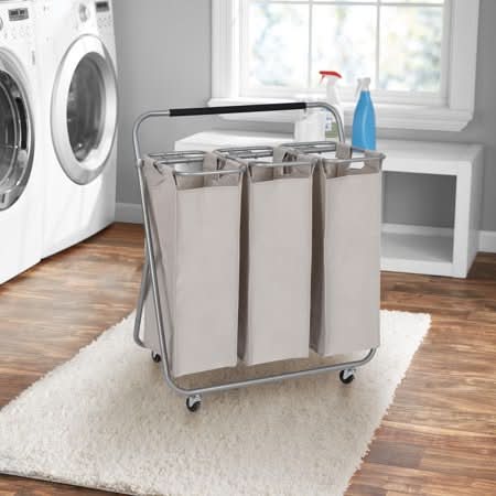 Mainstays 3 Bin Laundry Sorters, Laundry Sorter Cart For Adult, 3 Removable Bags With Handles Provide Added Portability, 4 Casters, 2 With Lockers
