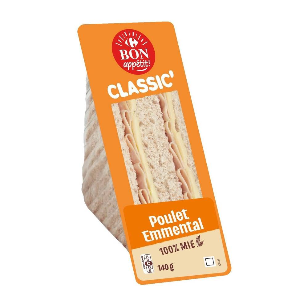 Sandwich poulet emmental CARREFOUR BON APPETIT - la barquette de 140g