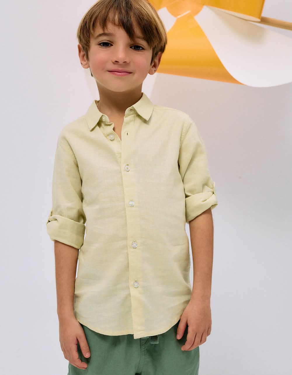 Camisa De Manga Comprida Em Linho Para Menino, Amarelo (Amarelo Claro - 7/8)