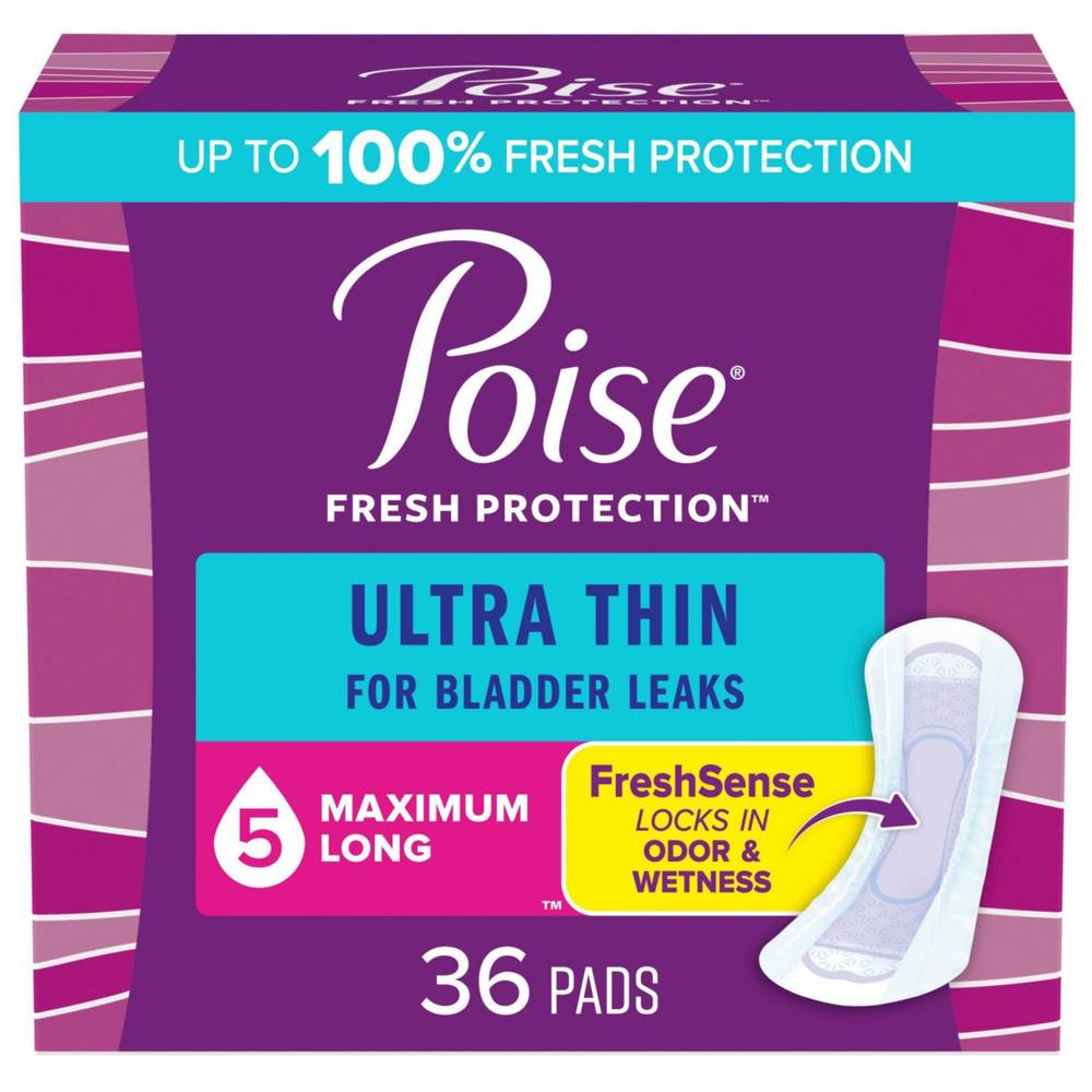 Poise Ultra Thin Incontinence Pads Maximum Absorbency, Long Length, 36 Ct