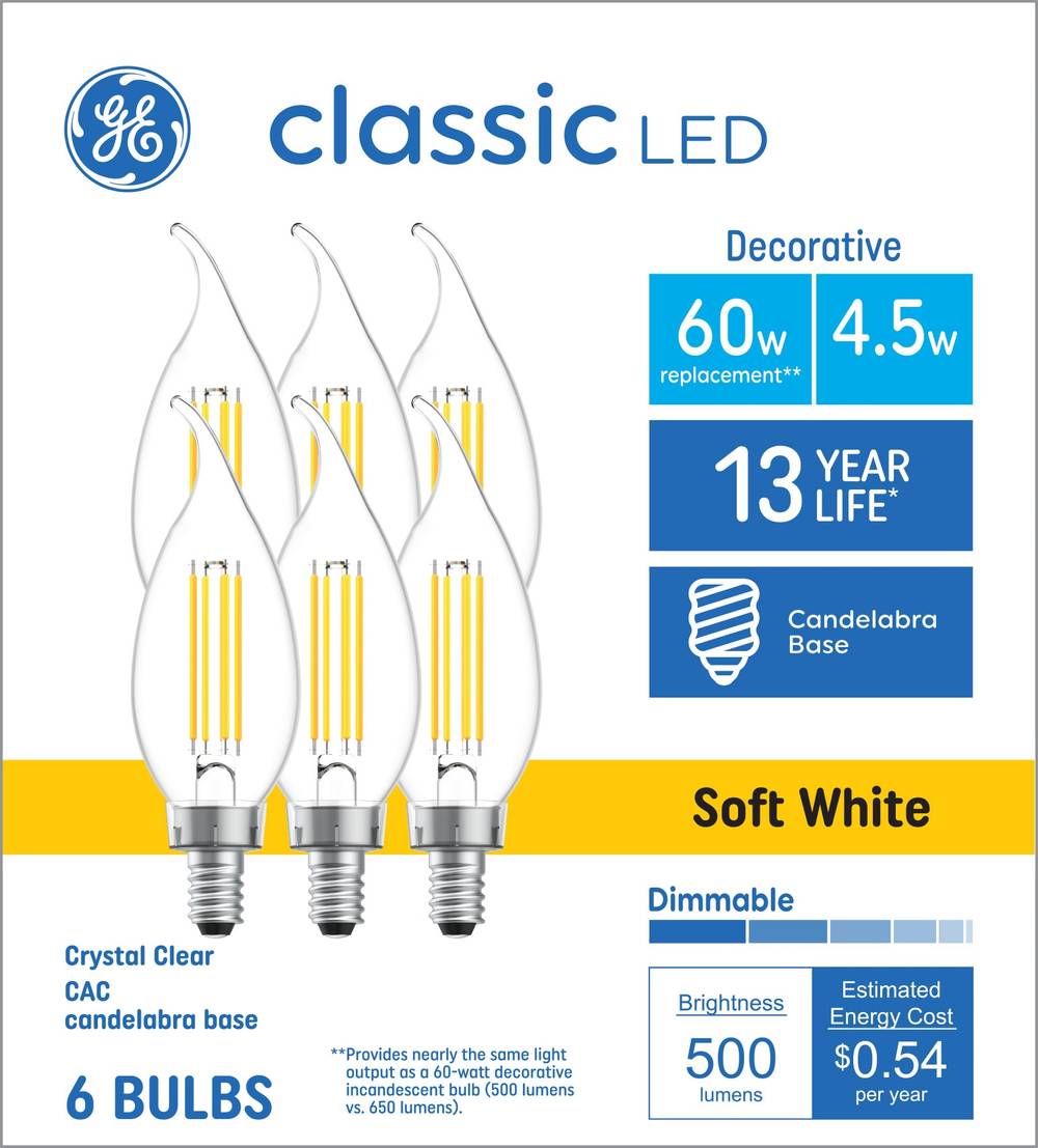 GE 60-Watt EQ CAC Soft White Candelabra Base (e-12) Dimmable LED Decorative Light Bulb (6-Pack) | 93131055