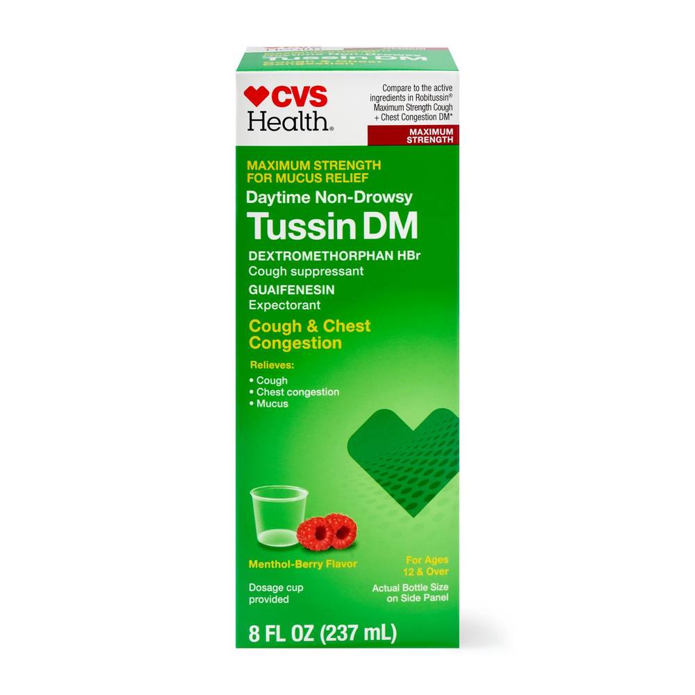 Cvs Health Non Drowsy Maximum Strength Tussin Dm Cough & Chest Congestion, Raspberry & Menthol, 8 Oz