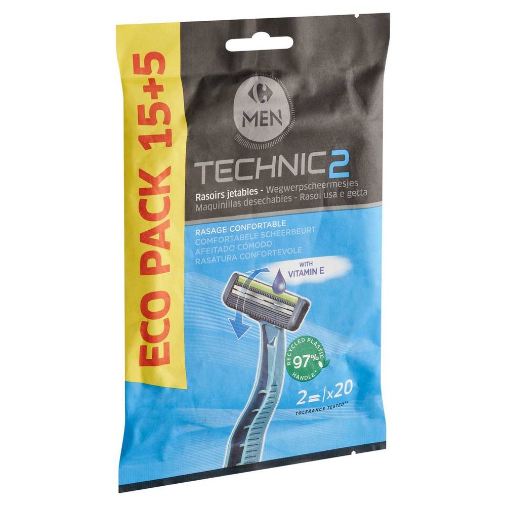 Carrefour Men Technic 2 Rasoirs Jetables Eco Pack 15+5 20 Pièces