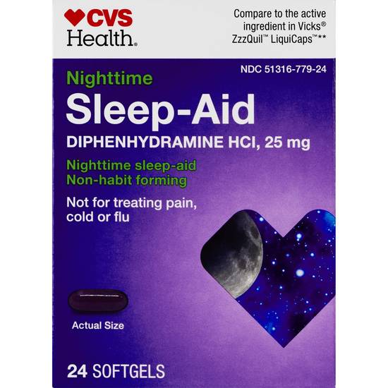 CVS Health Nighttime Sleep Aid Diphenhydramine HCI 25 MG Softgels, 24 CT