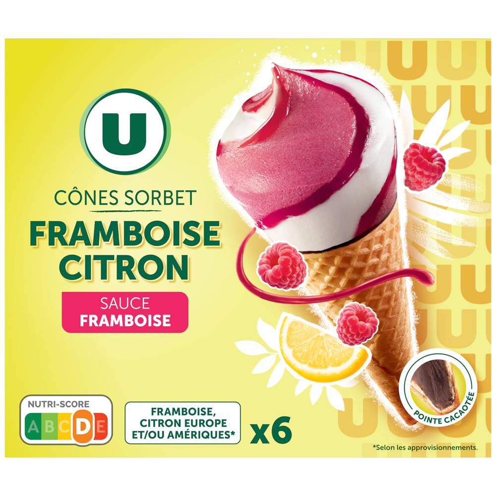 Les Produits U - Cônes glacés sorbet framboise citron