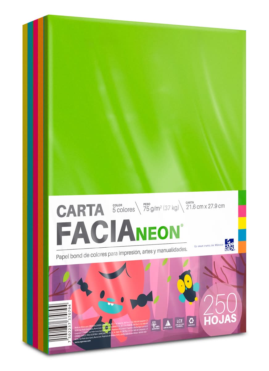 Facia · Hojas de papel bond neon, Carta, surtido (250 un)