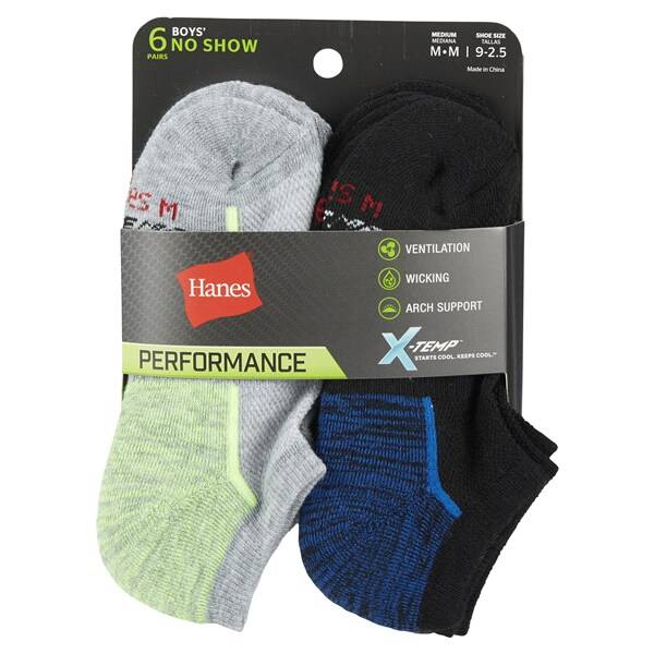 Hanes Boys' X-Temp No-Show Socks, Black/Gray, 6 Pack, Size Large