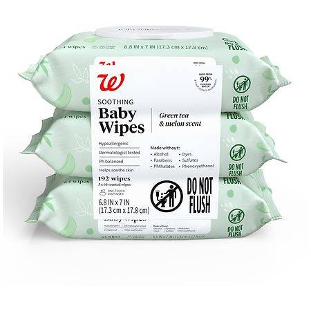 Walgreens Soothing Baby Wipes, Green Tea - Melon (3 x 64 ct)