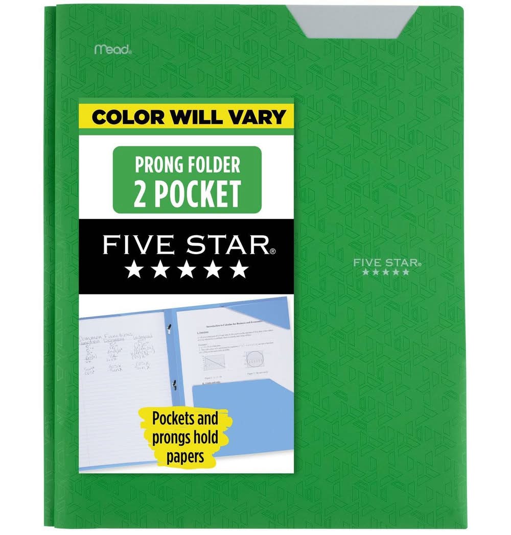 Five Star Pocket Plastic Folder With Prongs, 29.5 cm x 23.6 cm, Assorted
