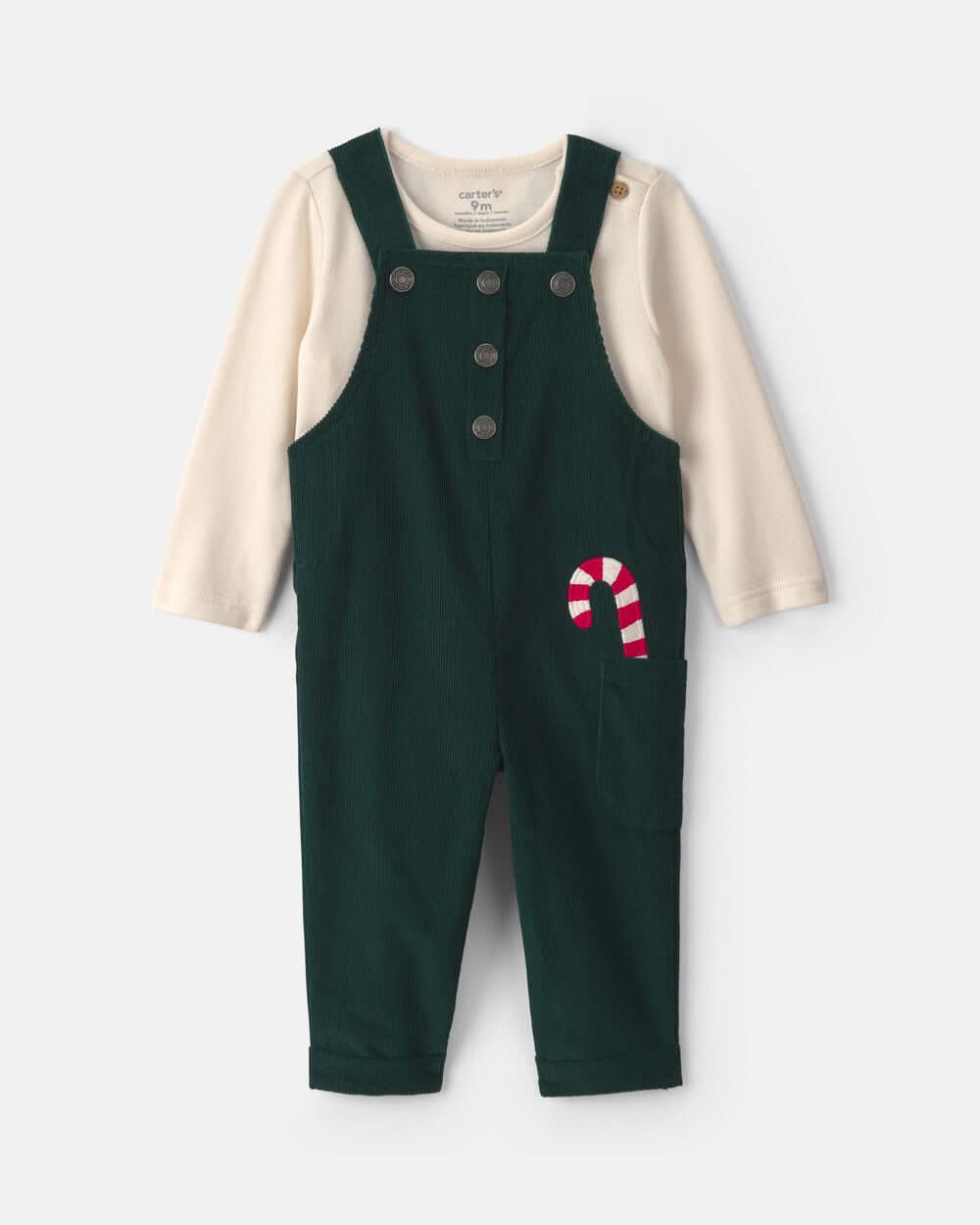 Baby Boy 2-Piece Candy Cane Corduroy Long-Sleeve Overall Set - Green/Cream - NB