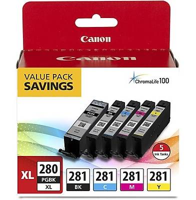 Canon 280XL/281 Black High Yield and Photo Black/Cyan/Magenta/Yellow Standard Yield Ink Cartridge, 5/Pack (2021C007)
