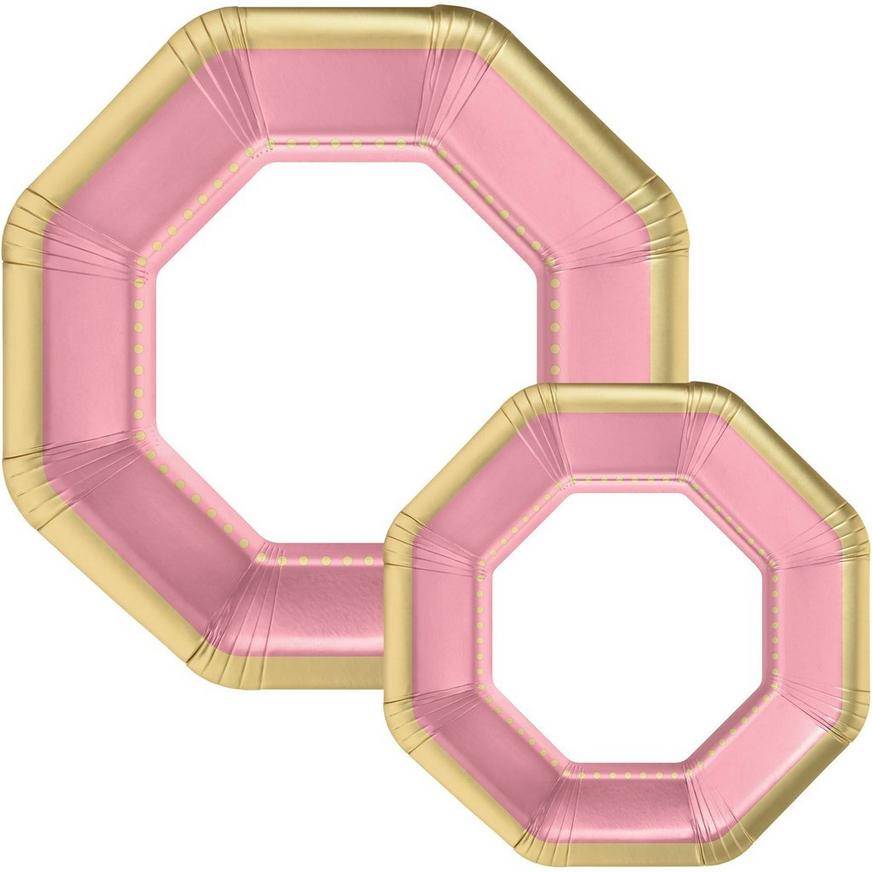 Octoganal Premium Paper Dinner (10.25in) Dessert (7.5in) Plates with Pink Gold Border, 20ct