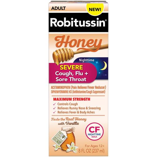 Robitussin Adult Honey Severe Cough, Flu + Sore Throat Liquid, Nighttime