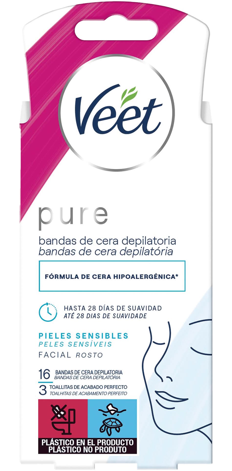 Bandas Depilatórias Faciais Cera Fria Pele Sensível Veet (emb. 16 un)