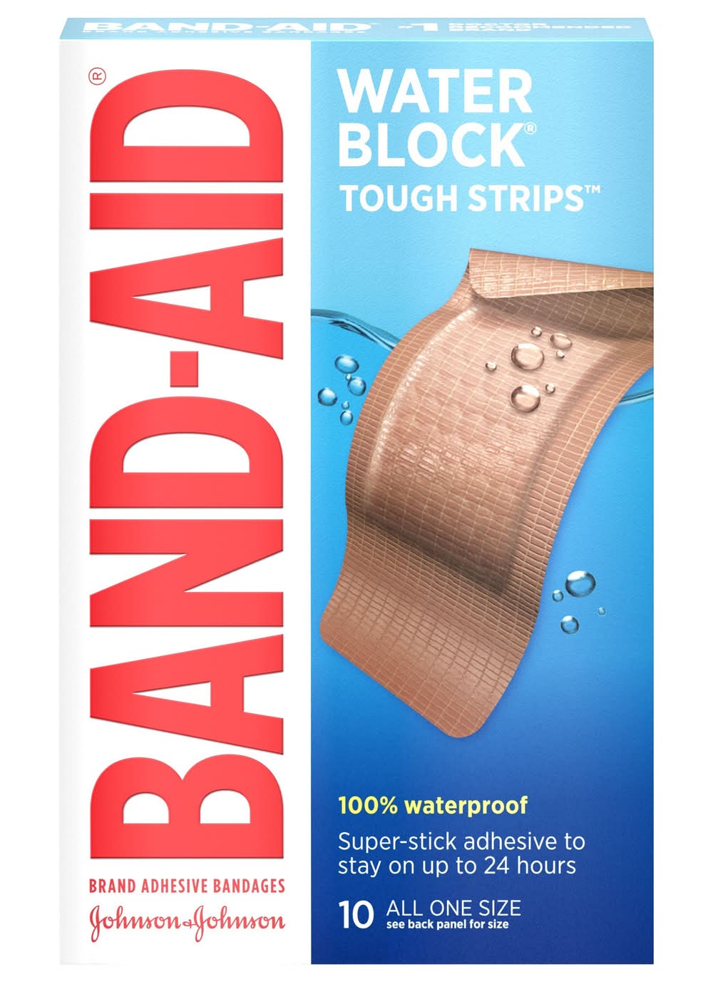 Band-Aid Water Block Tough Strips Adhesive Bandages, 4.4x10.1 cm (10 ct)