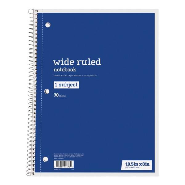 Just Basics® Spiral Notebook, 8" x 10-1/2", Wide Ruled, 70 Sheets, Blue