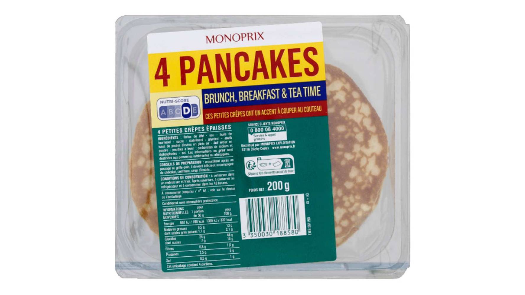 Monoprix Pancakes brunch, breakfast et tea time Le paquet de 4, 200g