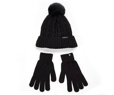 Black Cable-Knit Pom-Pom Beanie & Gloves Set