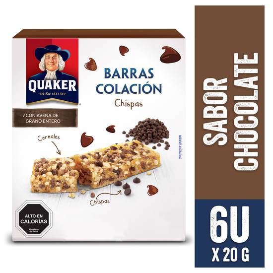 Quaker barra de cereal con chispas de chocolate (caja 6 u x 20 g c/u)