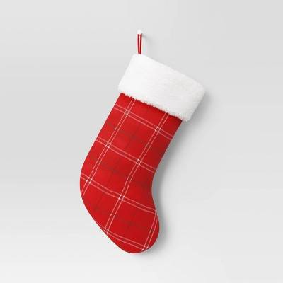 20" Woven Plaid Christmas Stocking with Faux Shearling Cuff Red - Wondershop™