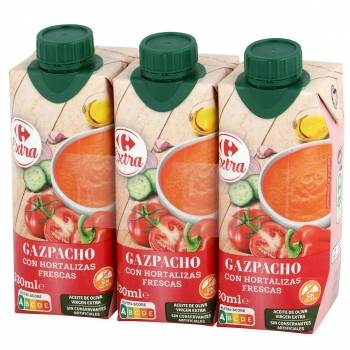 Gazpacho con aceite de oliva virgen extra Carrefour sin gluten pack de 3 unidades de 330 ml.