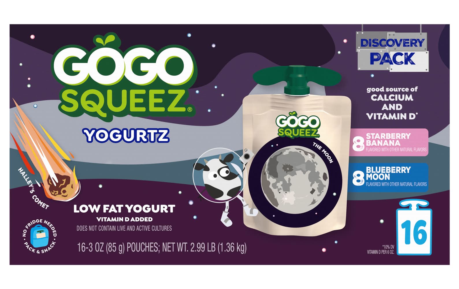 GoGo squeeZ Kid's Low Fat Yogurtz Discovery pack, Strawberry Banana-Blueberry Moon (16 x 3 oz)