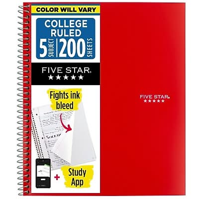 Five Star 5-Subject Notebooks, 8.5 x 11, College Ruled, 200 Sheets, Color Chosen at Random (06112/06208)