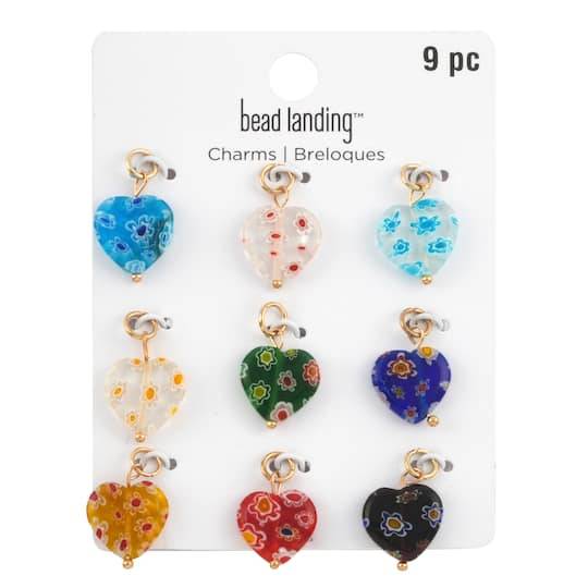 Bead Landing Millefiori Glass Heart Charms, 13 mm, Assorted (9 ct)