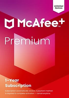 McAfee Premium Individual for Unlimited Users with Auto-Renewal, Windows/Mac/Android/iOS/ChromeOS, Download (MPP21ESTURAAW)