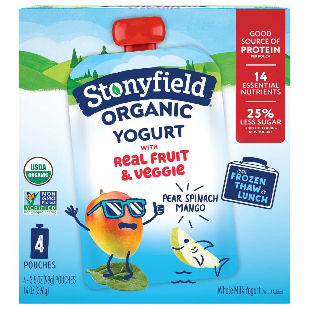 Stonyfield Organic Whole Milk Yogurt Pouches, Pear-Spinach-Mango (14 oz, 4 ct)