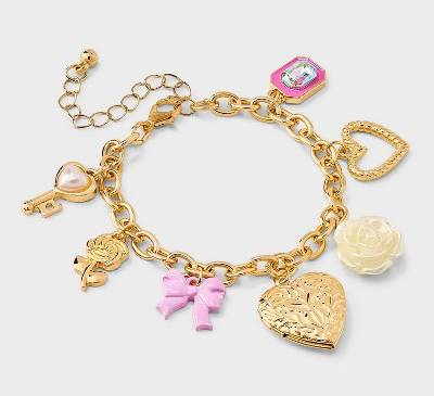 Girls' Bow and Heart Locket Charms Bracelet - art class™ Gold: Lobster Claw Clasp, Iron & Zinc, Chain Style