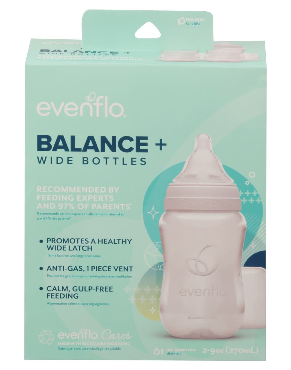 Evenflo Balance Wide Neck Anti Colic Baby Bottles 9oz, White (2 ct)