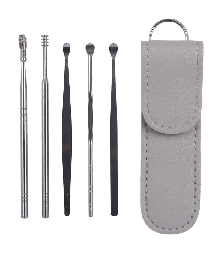Kit Limpieza De Oídos Con Estuche Acero Inoxidable Plateados     5 Piezas