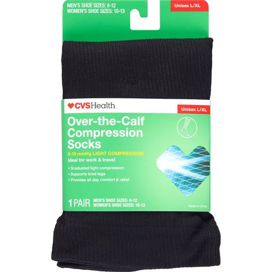 CVS Health Over-the-Calf Length Compression Socks Unisex, 1 Pair, L/XL, Black