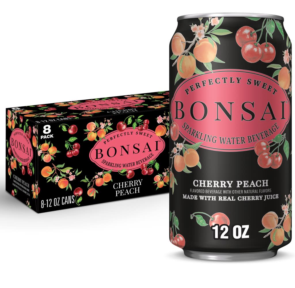 BONSAI Sweetened Sparkling Water Beverage, Cherry - Peach (8 x 12 oz)