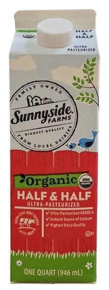 Sunnyside Farms Organic Half & Half Real California Milk (1 qt)