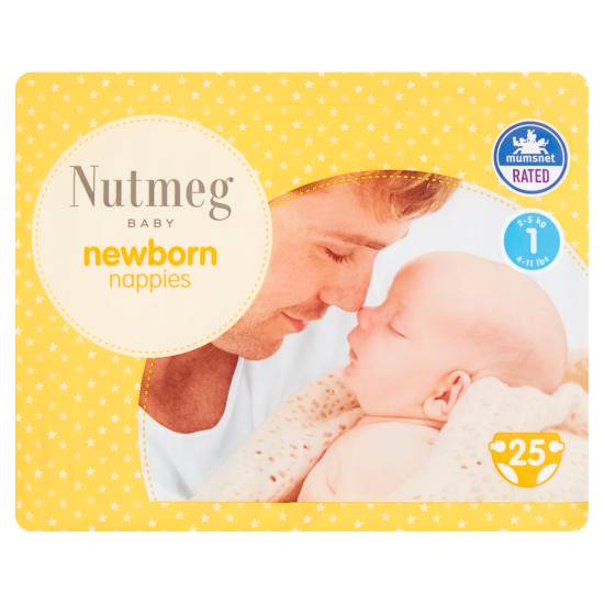 Nutmeg Size 1, Baby Newborn Nappies (25 pack)