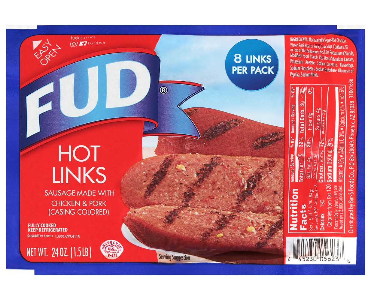 FUD Hot Sausage Links (24 oz, 8 ct)