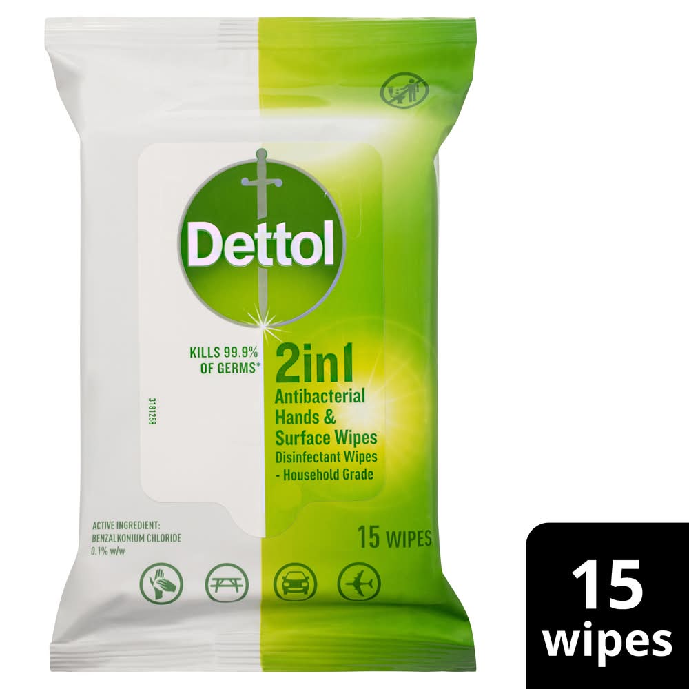 Dettol 2 In 1 Antibacterial Hand and Surface Wipes (15 pack)