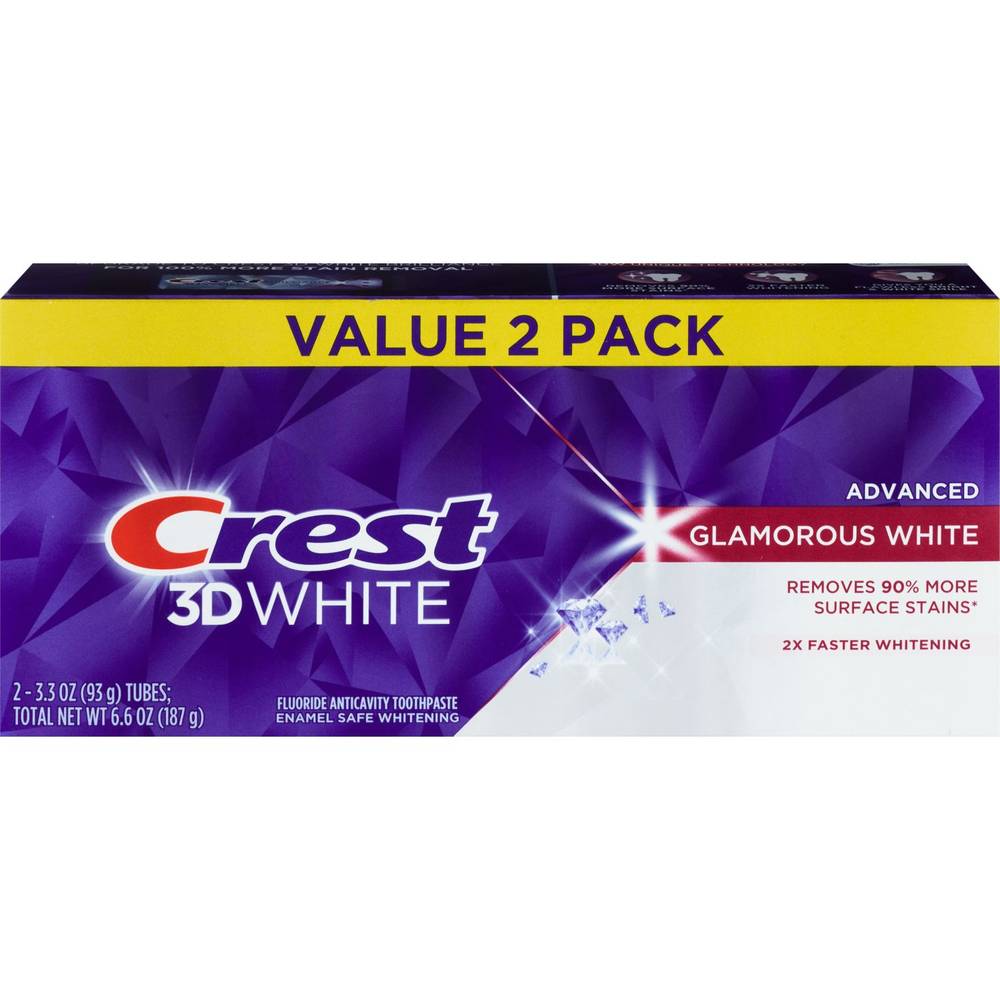 Crest 3D White Fluoride Anticavity Whitening Toothpaste, Glamorous White, 3.3 Oz, 2 Pack