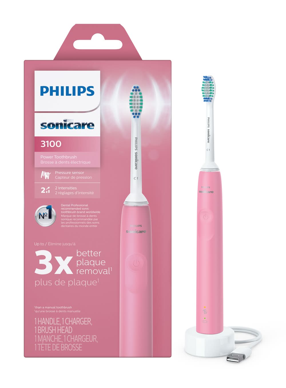 Philips Sonicare 3100 Power Rechargeable Electric Toothbrush With Pressure Sensor, Pink