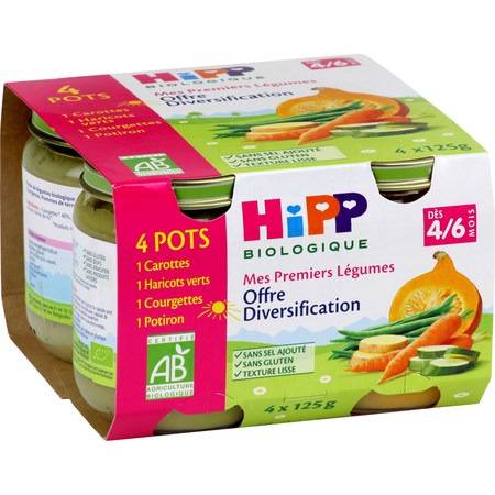 Petits pots bébé dès 4/6 mois Offre diversification Carot/ Potiron/ Hverts/ Courg Bio HIPP BIOLOGIQUE - Les 4 pots de 125 g