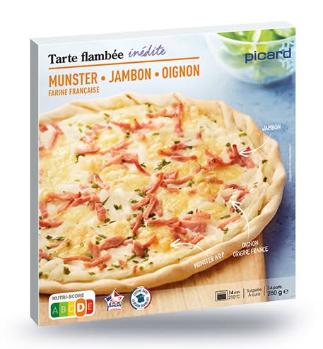 Tarte flambée, munster, jambon, oignon
