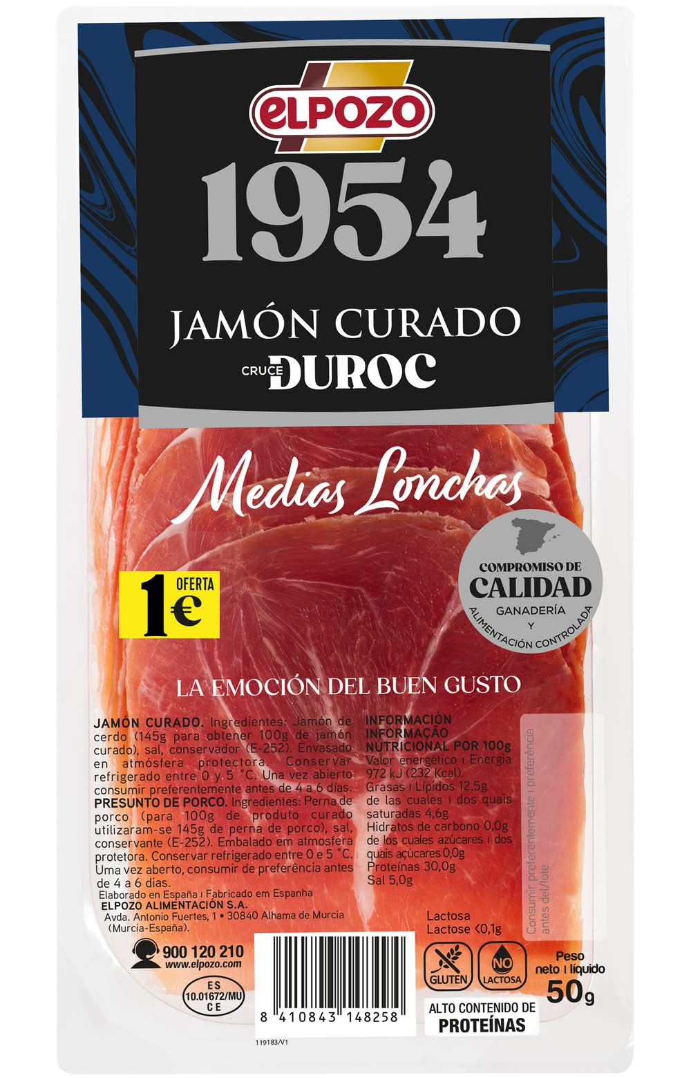 Jamón curado medias lonchas sin lactosa elpozo 1954 · El Pozo (50 g)