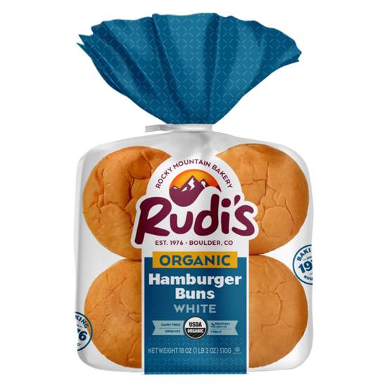 Order Rudi's Organic White Hamburger Buns 8ct 18oz, Frozen food online from Everyday Needs by Gopuff store, Ladera Ranch on bringmethat.com